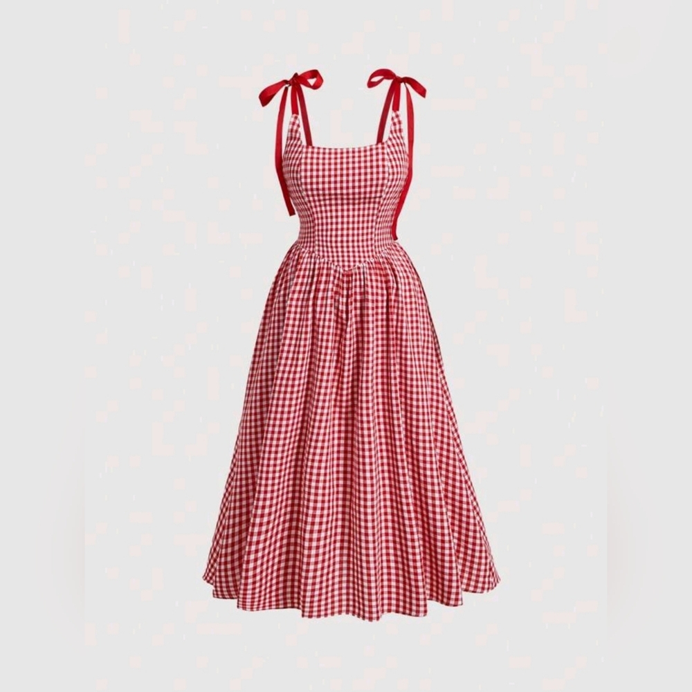 Red Gingham Dress with Bow Straps